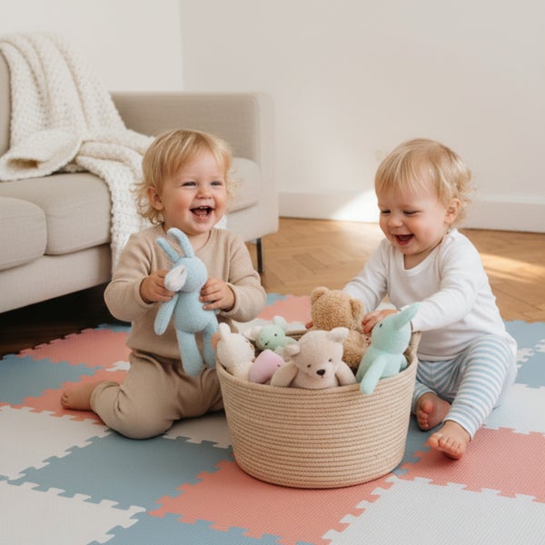Zwei Kleinkinder spielen lachend auf einer Spielmatte mit Stofftieren in einem geflochtenen Korb in einem hellen Wohnzimmer.