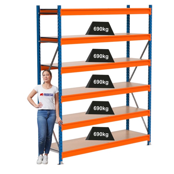Regal mit fünf Ebenen und einer maximalen Belastbarkeit von 690 Kilogramm pro Ebene, neben dem eine Frau steht.