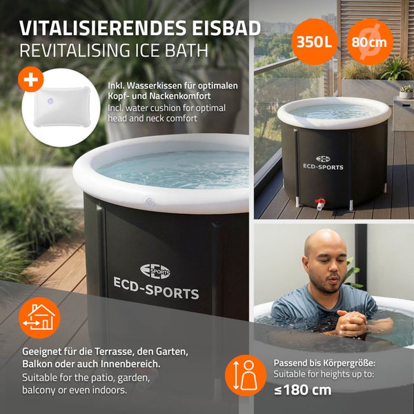 Tragbares ECD Sports Eisbad mit 350 Liter Fassungsvermögen, 80 cm Durchmesser, inklusive Wasserkissen, geeignet für Innen und Außen bis 180 cm.