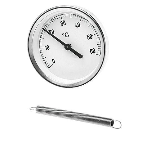 Rundes Anlegethermometer mit Temperaturskala von 0 bis 60 Grad Celsius und Befestigungsfeder.