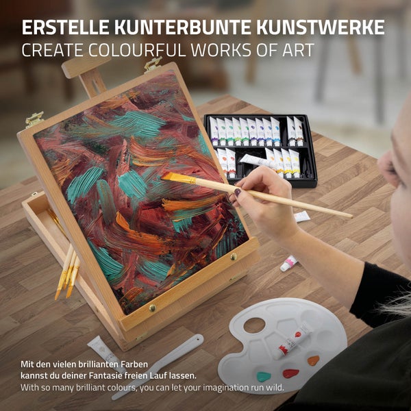 ECD Germany 34tlg. Acryl Malset mit Staffelei, Acrylfarben Set mit Kofferstaffelei, 24 Acrylfarbe, Keilrahmen, Leinwand, Pinsel und Malzubehör, Tischstaffelei, Holz Malkoffer, für Künstler & Anfänger
