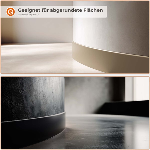 Nahaufnahme von zwei Sockelleisten, die sich an abgerundete Wandflächen anpassen