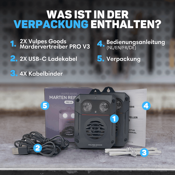 Vulpes Goods Marderschreck PRO V3 – Schädlingsvertreiber – Marderabwehr – 100 % Wasserdicht – Kabellos – 2 Stück