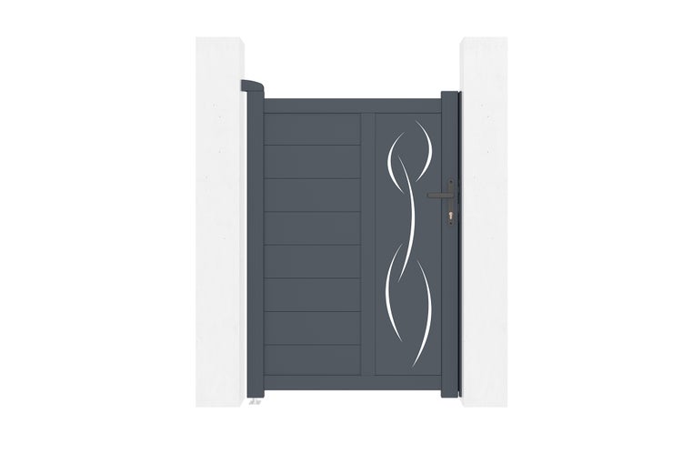Gartentor aus Aluminium in Anthrazit mit horizontalen Lamellen und geschwungenem Dekorelement zwischen zwei Pfosten.