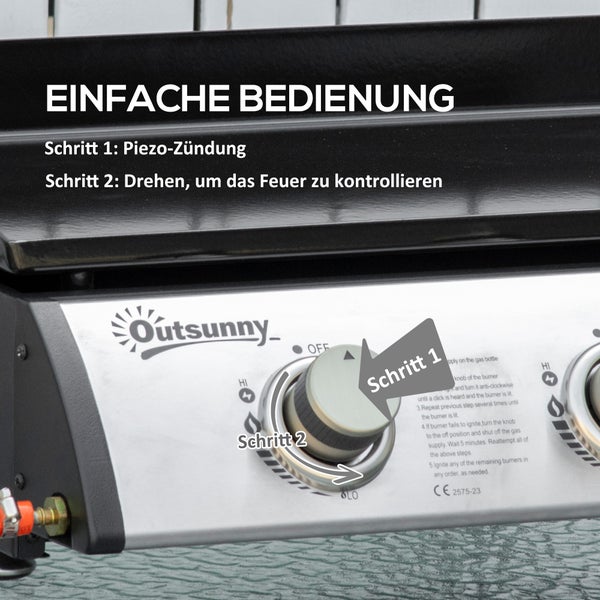 Outsunny Gasgrill 10000BTU/2,5 KW Gas-Grill inkl 3 Edelstahl-Brenner Druckminderer, Gasschlauch, BBQ Gartengrill für Balkon, Camping-Grill 63 x 48 x 21 cm