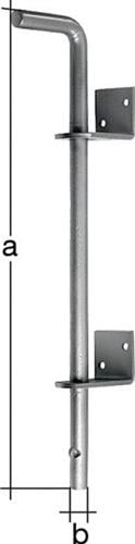 Ein verzinkter Torfeststeller als Stangenriegel mit zwei Montageplatten zur Befestigung am Tor.