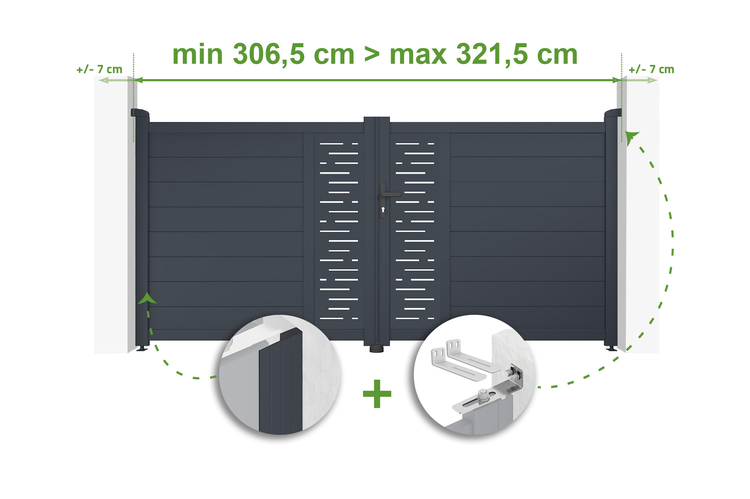Doppeltor mit Breitenangabe zwischen 306,5 cm und 321,5 cm inklusive Zubehör