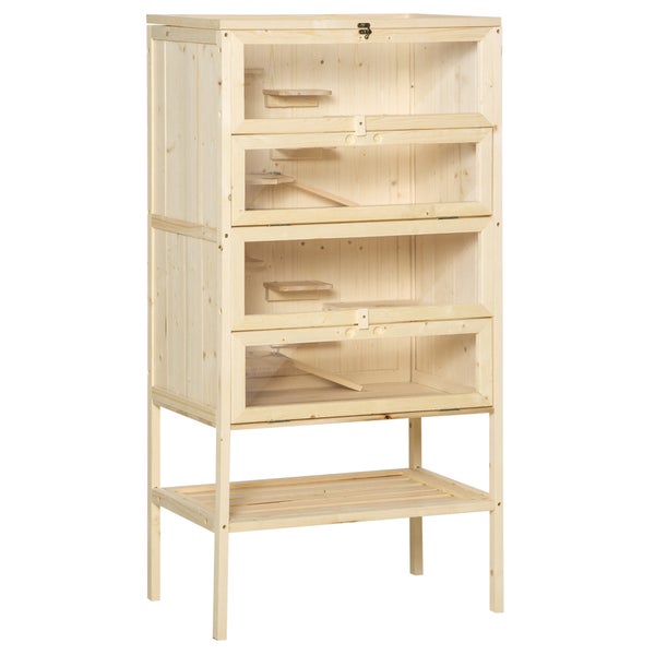 PawHut Kleintierkäfig 5 Etagen mit Gitterdach Rampen Kleintierstall Käfig Nagerkäfig Meerschweinchenstall Tannenholz Naturholz 60 x 40 x 120 cm