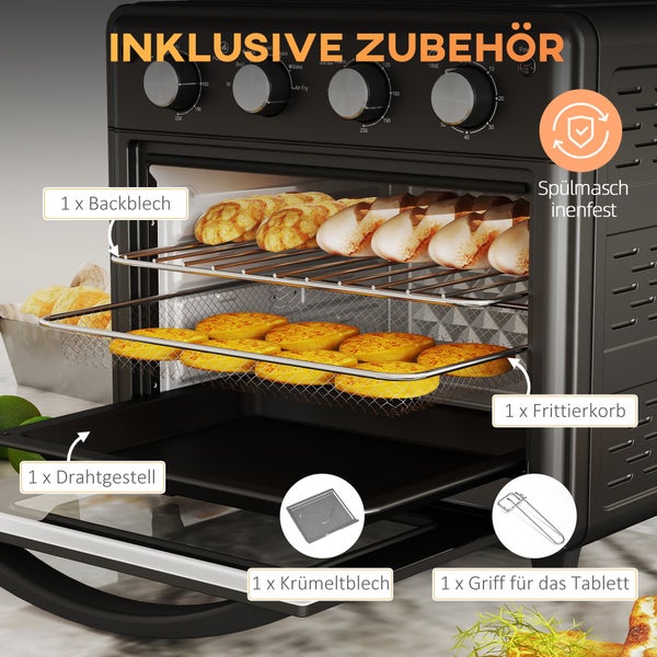 HOMCOM Minibackofen mit Umluft 30L Mini Ofen mit Backblech, Grillrost und Krümelblech, 90 °C-230 °C Heißluftfritteuse mit 7 Modi, Frittierkorb, 60 Min. Timer, 1600W, Metall