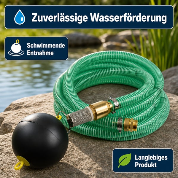 Saugschlauch Set mit Schwimmkugel zur schwimmenden Wasserentnahme aus Zisternen oder Teichen mit zuverlässiger Wasserförderung.
