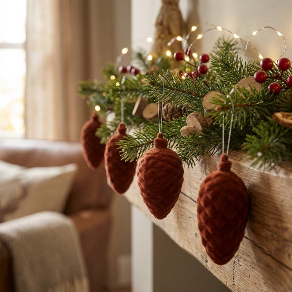 Weihnachtliche Tannengirlande als Kamindekoration mit Zapfenanhängern, Beeren und Lichterkette für ein festliches Wohnambiente.