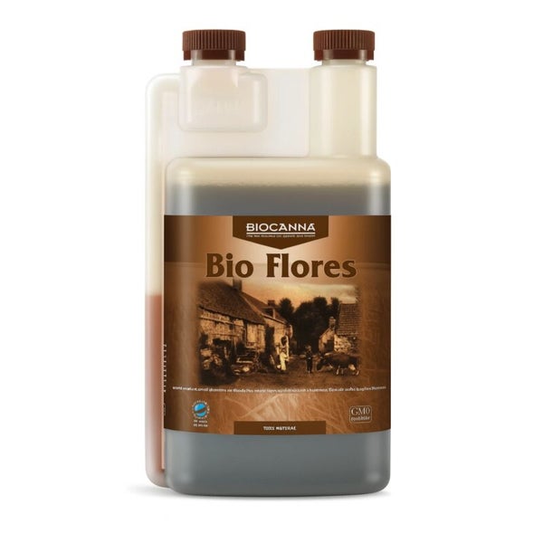 Biocanna Bio Flores Pflanzendünger in einer Dosierflasche für die Blütephase.