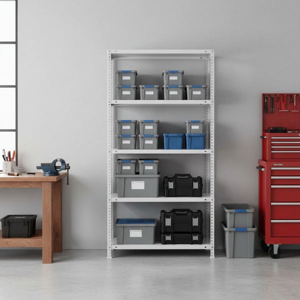 Organisierte Werkstatt mit weißem Metallregal, grauen und blauen Aufbewahrungsboxen sowie Werkzeugkoffern, neben einem roten Werkstattwagen.