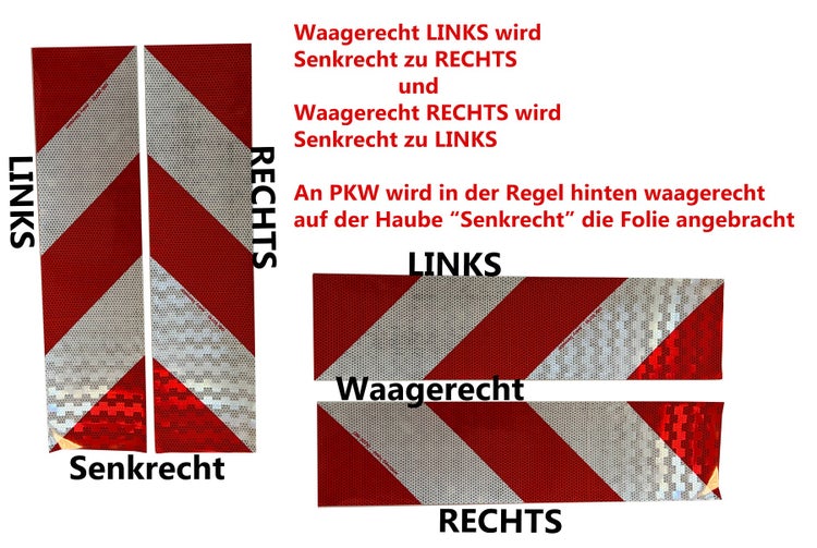 UvV-Reflex magnetische Kfz-Warnmarkierung im Set DIN 30710 für 1 KFZ mit 4 Streifen - 4x141x564 - 2 x linksweisend. und 2 x rechtsweisend / Optional auch selbsthaftend / Magnetisch