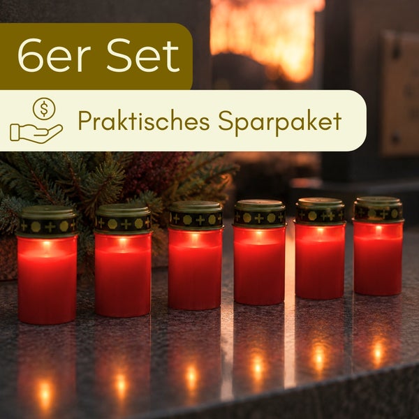 Sechsteiliges Sparpaket mit roten Grablichtern, brennend auf einer Steinplatte auf einem Friedhof angeordnet, Deckel mit Kreuzsymbol.