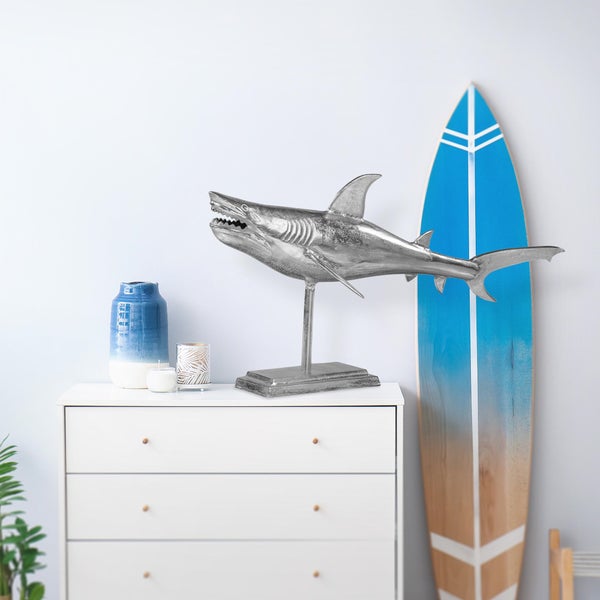 WOMO-DESIGN Hai-Skulptur mit standfuß 106x36x61 cm Unikat, aus poliertes Aluminium mit Nickel Finish, Silber Glänzend, Maritimes Design, Haifisch Statue Dekofigur Fisch Tierfiguren Wohndekoration