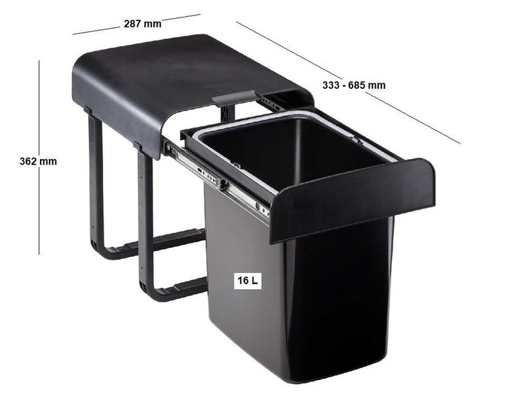 Ausziehbarer Einbaumülleimer mit 16 Liter Eimer, Höhe 362 Millimeter, Breite 287 Millimeter, Tiefe 333 bis 685 Millimeter.