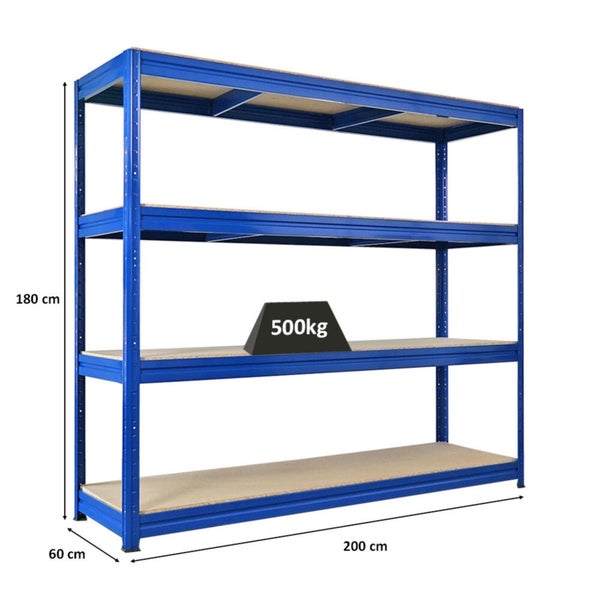 Blaues Schwerlastregal mit vier Ebenen und einer Traglast von 500 kg pro Ebene, Maße 180 cm Höhe, 200 cm Breite und 60 cm Tiefe.