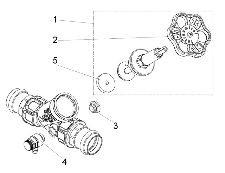 Technische Zeichnung eines Schrägsitzventils Nennweite 25 in Explosionsdarstellung mit Handrad, Gehäuse und Einzelteilen.