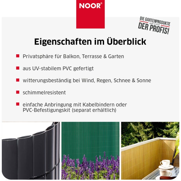 Noor Sichtschutzmatte aus UV-beständigem Kunststoff für Balkon und Garten mit Details zu Material Eigenschaften und Montage.