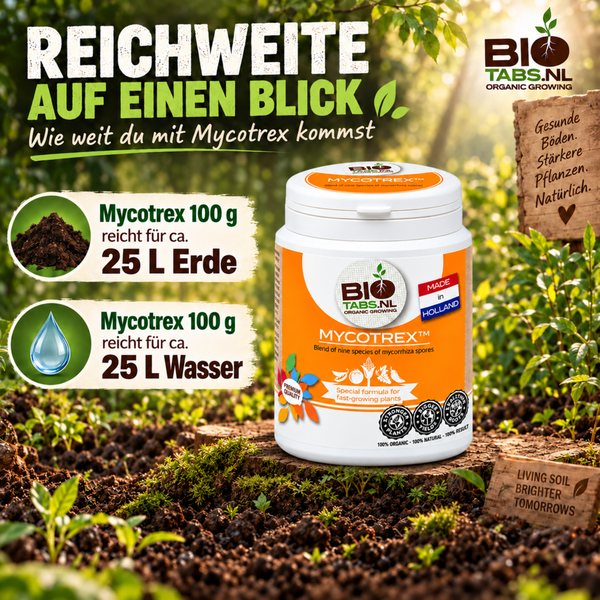 Dose Biotabs Mycotrex 100 Gramm zur Bodenverbesserung mit Informationen zur Ergiebigkeit für Erde und Wasser in einer Gartenumgebung.