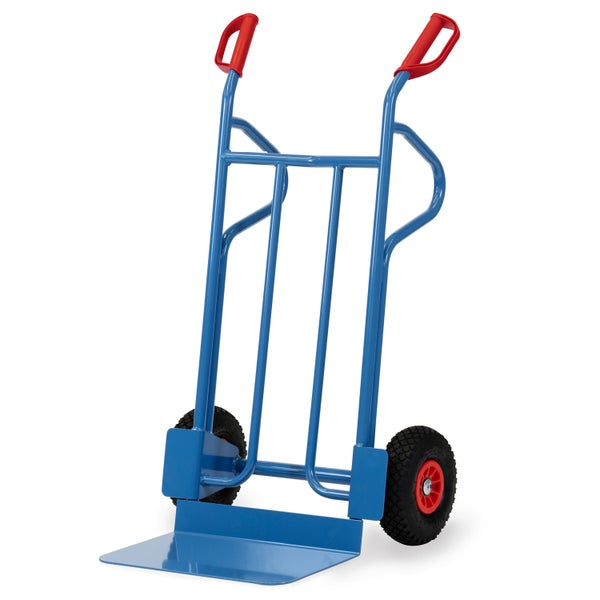 Blaue Sackkarre mit rotem Griff und schwarzen Rädern