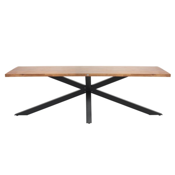 Rechteckiger Tisch mit Tischplatte aus Holz, sternförmigem Gestell aus schwarzem Metall und Aviola Logo.
