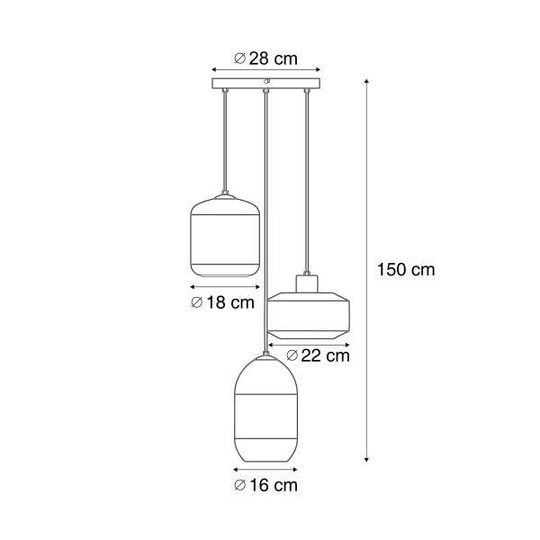 Technische Zeichnung einer Pendelleuchte mit drei Lampenschirmen und Maßangaben.