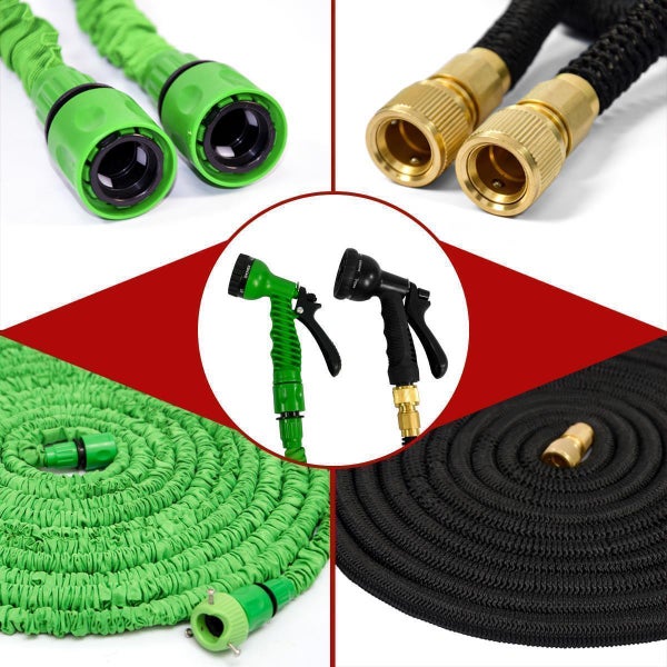 Flexibler Gartenschlauch in Grün und Schwarz mit Spritzpistole, verschiedenen Anschlüssen aus Kunststoff und Messing sowie aufgerollten Ansichten.