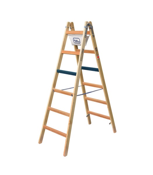Holzstehleiter mit Ablageschale und Iller Leiter Logo, stabile Profi Ausführung mit Stufen.