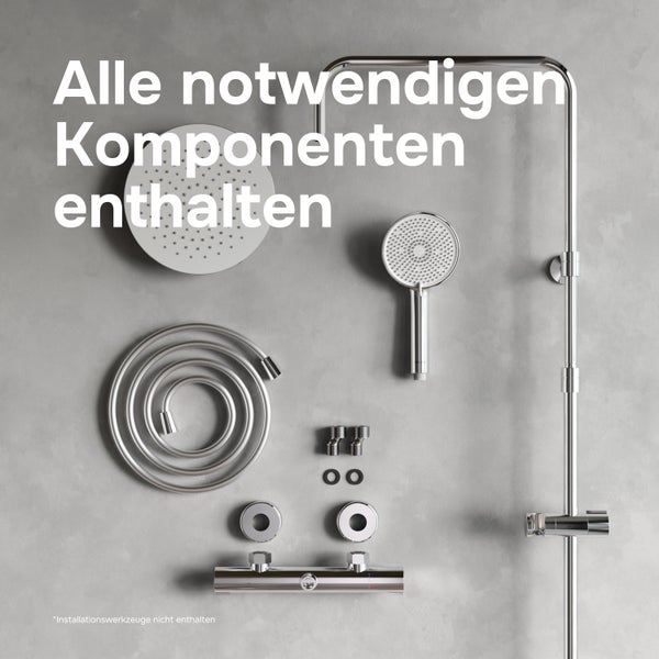Duschsystem mit Thermostatarmatur, Kopfbrause, Handbrause, Brauseschlauch und Montagematerial in einer Explosionsdarstellung.