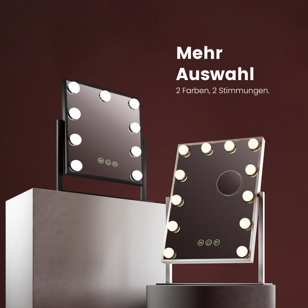 EMKE Hollywood Schminkspiegel mit Beleuchtung, 360° drehbar, 9 dimmbare LED-Lampen, 3 Lichtfarben, Touch-Schalter mit Speicherfunktion, 7x Vergrößerung, Weiß, 360×305×85 mm