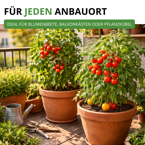 Tomatenpflanzen mit reifen Tomaten in Terrakotta-Töpfen auf einem sonnigen Balkon mit Gießkanne und Gartenschere.