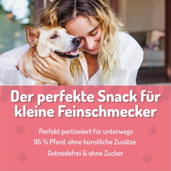 Frau umarmt Hund, Text: Der perfekte Snack für kleine Feinschmecker, perfekt portioniert für unterwegs, 95 Prozent Pferd ohne künstliche Zusätze, getreidefrei und ohne Zucker