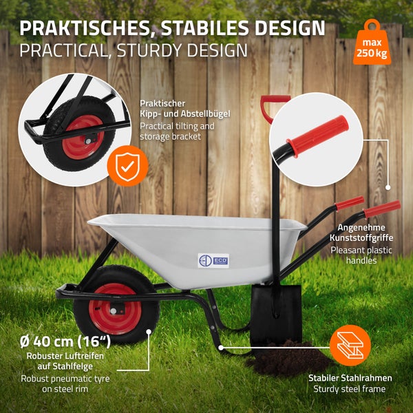 Schubkarre mit Stahlrahmen, verzinkter Wanne, 40 Zentimeter Luftreifen, roten Kunststoffgriffen, 250 Kilogramm Tragkraft und ECD Germany Logo.
