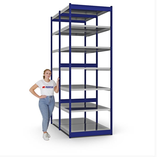PROREGAL Fachbodenregal Stecksystem Vierkant-Profil Grundregal HxBxT 300 x 102,5 x 80 cm 2x7 Ebenen Doppelseitige Bauart Fachlast 200 kg Enzianblau