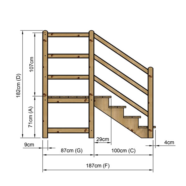 Abbildung der Maße einer Holztreppe mit Geländer