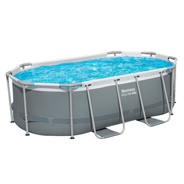 Ovaler Bestway Steel Pro Max Pool mit Stahlrahmen und grauer Außenwand.