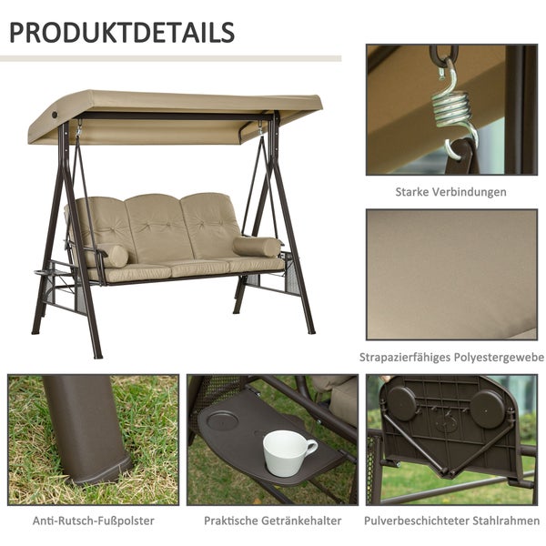Outsunny Hollywoodschaukel, 3-Sitzer Gartenschaukel mit Sonnendach Kissen, 116 x 206 x 183 cm, Metall, Polyester, Khaki