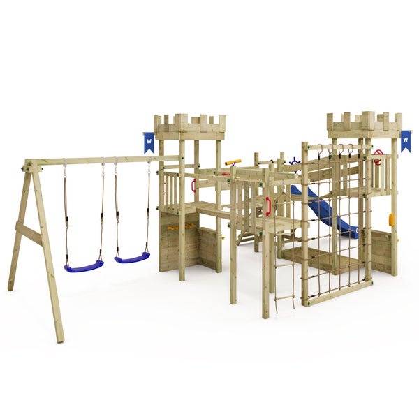 WICKEY Spielturm Smart Arch mit Kletternetz, Doppelschaukel, Wackelbrücke und Rutsche - blau