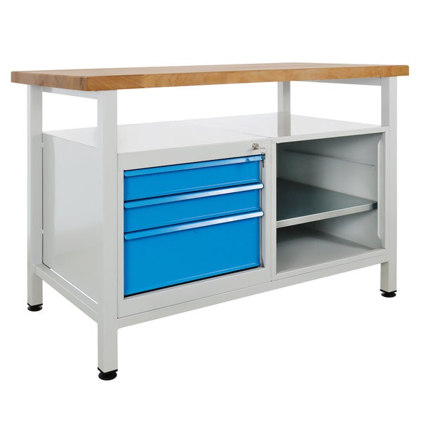 PROREGAL Werkbank Rhino mit Ablagefläche 3 Schubladen Regalteil HxBxT 84 x 120 x 60 cm Traglast 300 kg Lichtgrau Blau