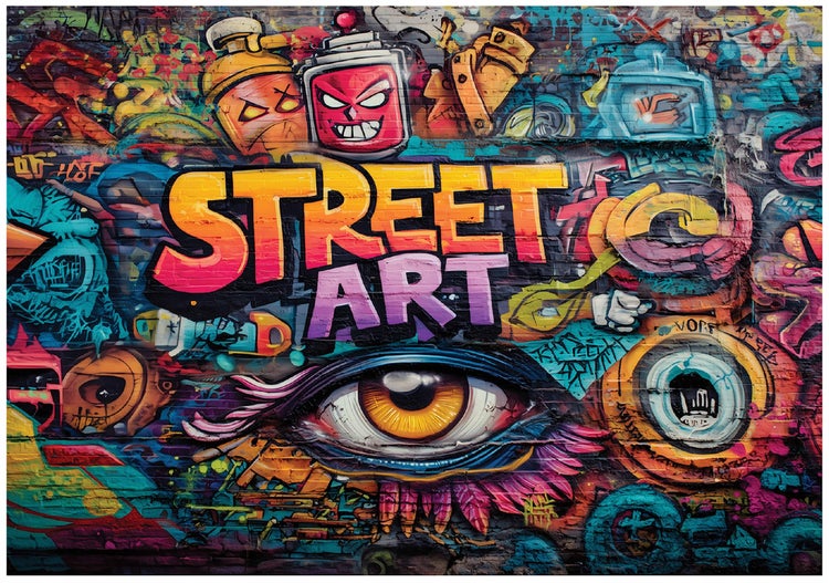 Wandbild mit Street Art Graffitimotiv auf einer Ziegelwand mit Schriftzug und Darstellung eines Auges.