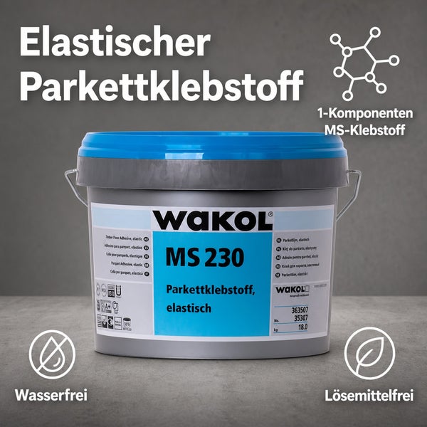 Wakol MS 230 Parkettklebstoff, elastisch, wasserfrei, lösemittelfrei, 1-Komponenten-MS-Klebstoff, 18 kg Eimer.
