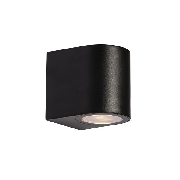 Moderne Außenwandleuchte aus Metall in Schwarz mit Lichtaustritt nach unten.