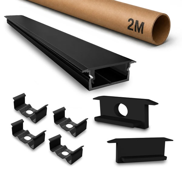 LED Aluminium Profil Set inklusive Endkappen und Halteklammern in einer zwei Meter Versandrolle.