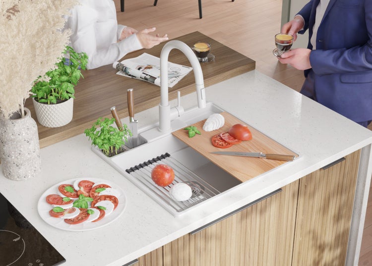 PRIMAGRAN Granitspüle Alles Weiß 58x53cm, Spülbecken 1 Becken + Küchenarmatur 40x20cm + Ablauf-Set + Küchenzubehörset, Küchenspüle ab 60er Unterschrank - New York