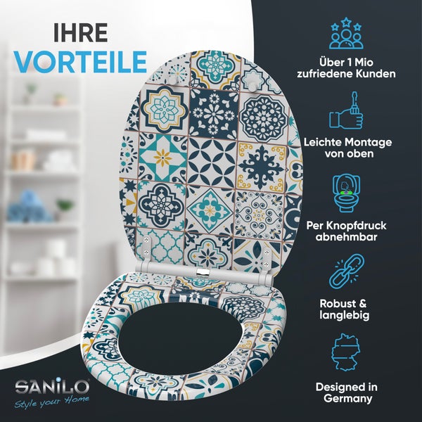 Toilettensitz mit Fliesenmuster. Merkmale: Montage von oben, abnehmbar per Knopfdruck, robust, langlebig, in Deutschland entworfen, Sanilo Logo.