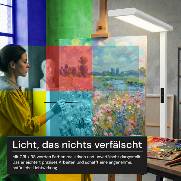 Weiße LED-Stehleuchte für Künstler mit Farbwiedergabeindex über 98, beleuchtet eine Malerin an einer Staffelei für naturgetreue Farben.