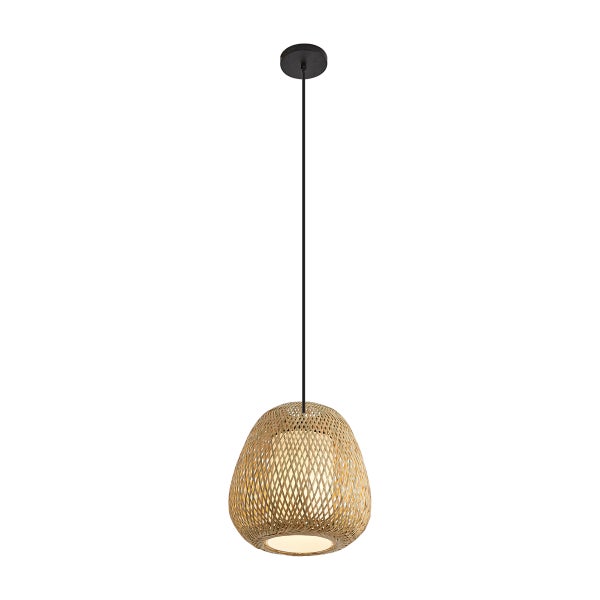 Moderne Pendelleuchte aus Geflecht in Naturoptik mit einem schmalen Kabel und runder Deckenbefestigung.