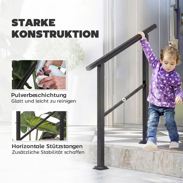 Schwarzes Treppengeländer aus Metall mit Handlauf und horizontalen Stützstangen auf einer Treppe mit einem Kind.